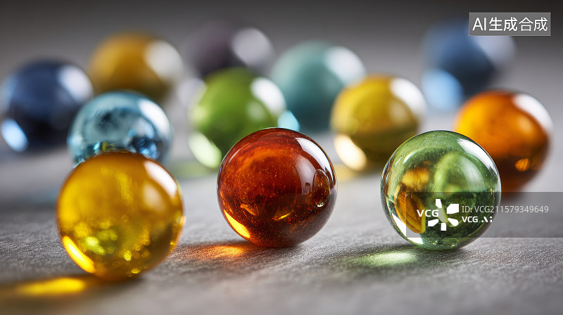 【AI数字艺术】彩色玻璃弹珠散落在桌面上图片素材
