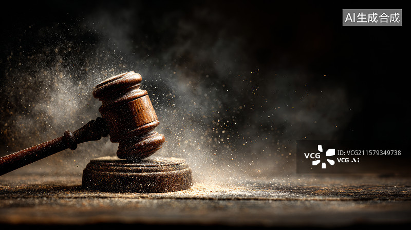 【AI数字艺术】法槌敲击桌面扬起灰尘瞬间的特写镜头图片素材