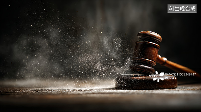 【AI数字艺术】法槌敲击桌面扬起灰尘瞬间的特写镜头图片素材