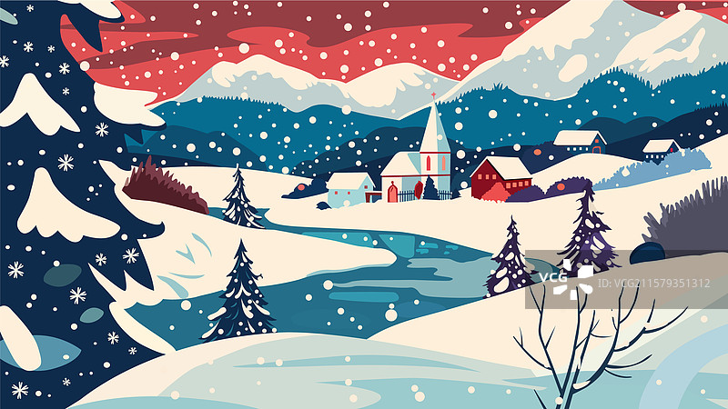 雪-covered村庄与河流图片素材