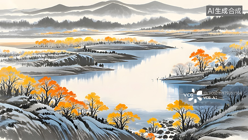 【AI数字艺术】秋天风景水墨画背景图片素材