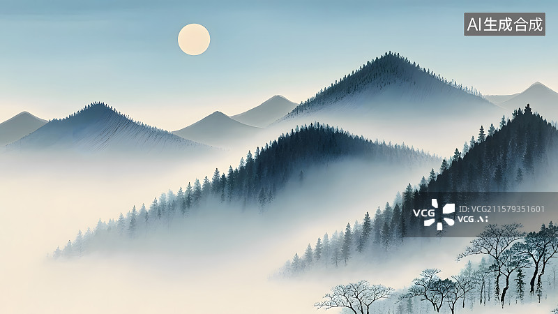 【AI数字艺术】蓝色高山水墨画背景图片素材