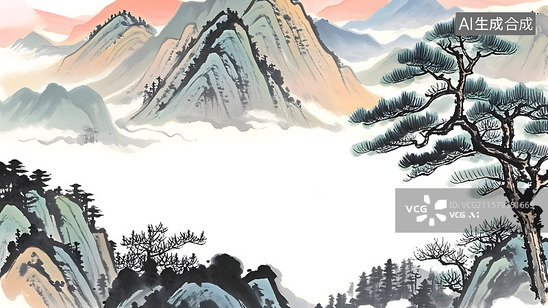 【AI数字艺术】高山风景水墨画背景图片素材