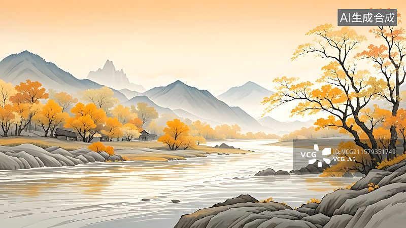 【AI数字艺术】秋天风景水墨画背景图片素材