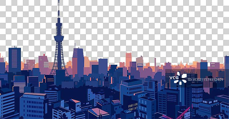 东京城市的生机勃勃与夕阳下的东京塔图片素材