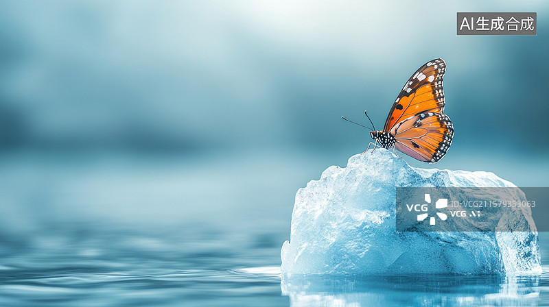 【AI数字艺术】透明翅膀蝴蝶栖息于巍峨冰山极简主义深蓝海面与纯净天空治愈壁纸背景生态友好书籍封面和企业主题图片素材