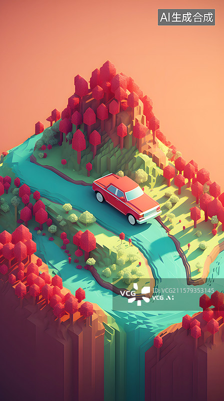 【AI数字艺术】AIGC：像素风行驶 在盘山公路上的汽车图片素材