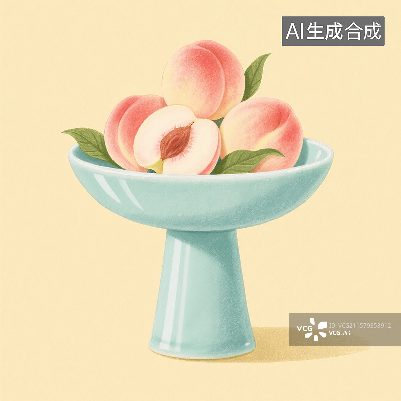 【AI数字艺术】国风手绘插画，青瓷盘子里的水果，桃子，水蜜桃，白桃，，夏天图片素材