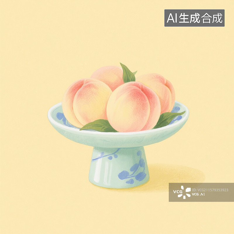 【AI数字艺术】国风手绘插画，青瓷盘子里的水果，桃子，水蜜桃，白桃，，夏天图片素材