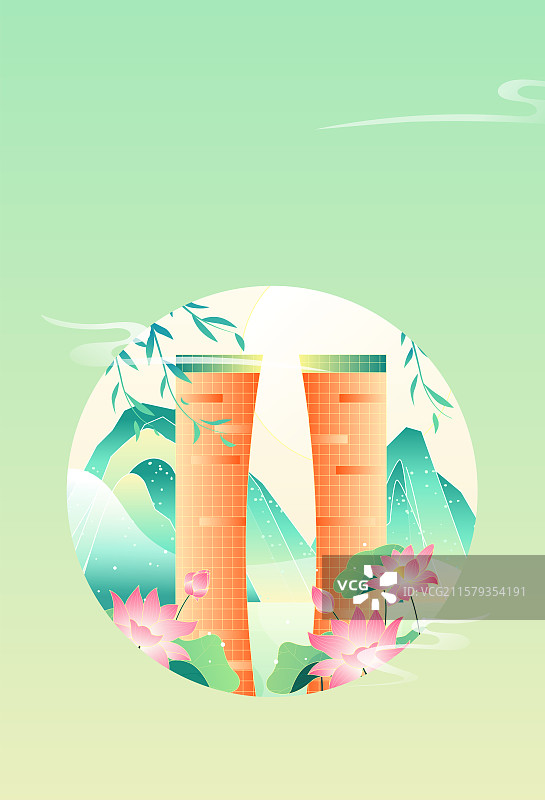国潮节气插画上海浦江双辉大厦建筑插画图片素材