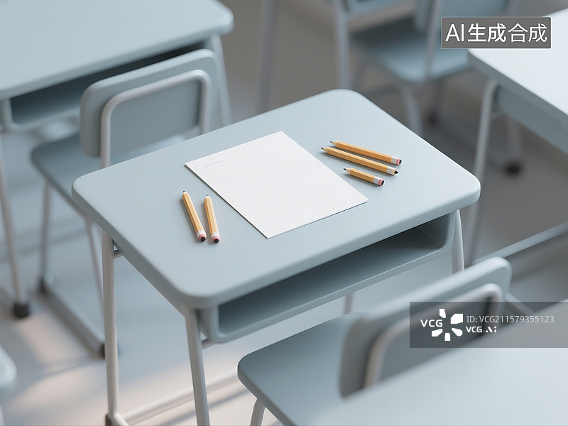 【AI数字艺术】3D渲染，教室课桌上的纸和笔，开学季，开学，高考冲刺，考试，学习，复习，青春校园生活概念场景图图片素材