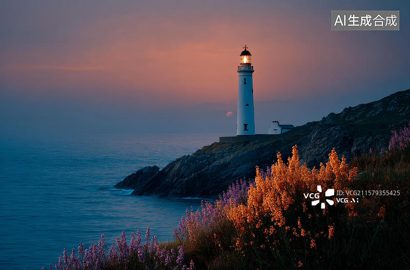 【AI数字艺术】夕阳下的灯塔海岸线美景图片素材