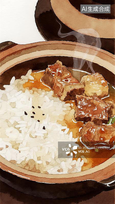 【AI数字艺术】煲仔饭排骨腊肉肉饼煲仔饭图片素材