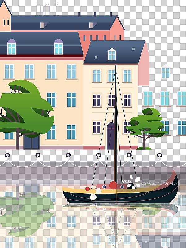 色彩斑斓的建筑与帆船的海滨小镇风景图片素材