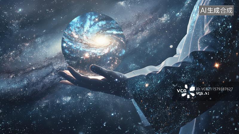 【AI数字艺术】手托星系，宇宙与人类的奇妙连接图片素材
