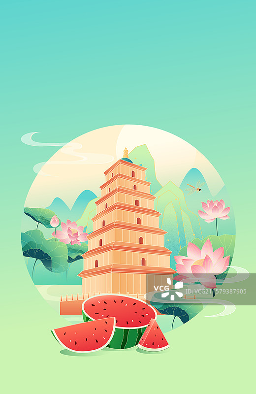 国风节气大暑西安城市建筑矢量插画图片素材