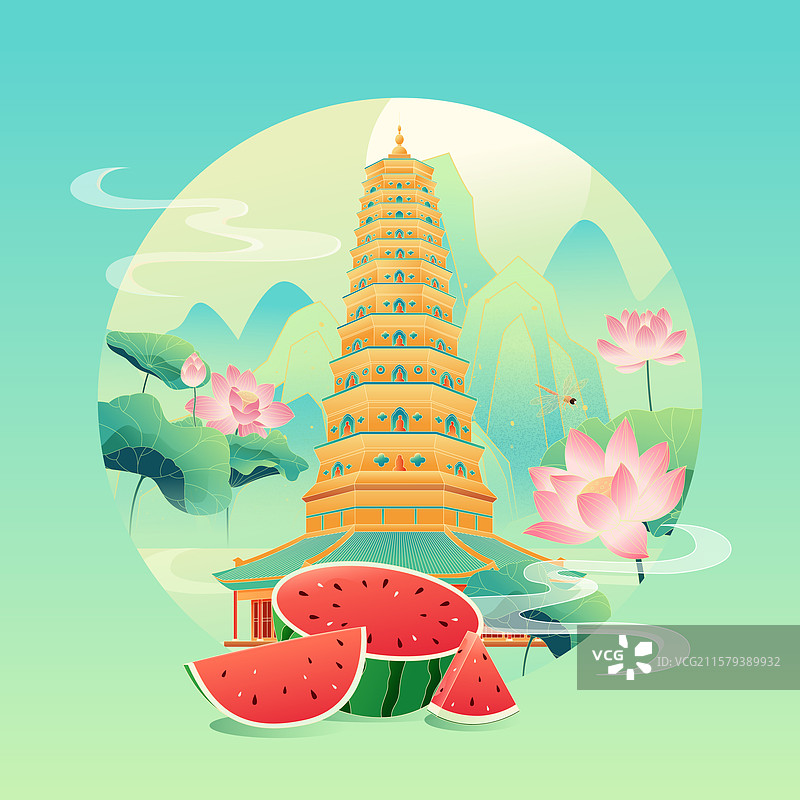 国风节气大暑山西城市建筑矢量插画图片素材