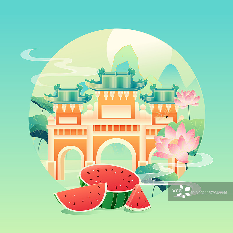 国风节气大暑山西城市建筑矢量插画图片素材