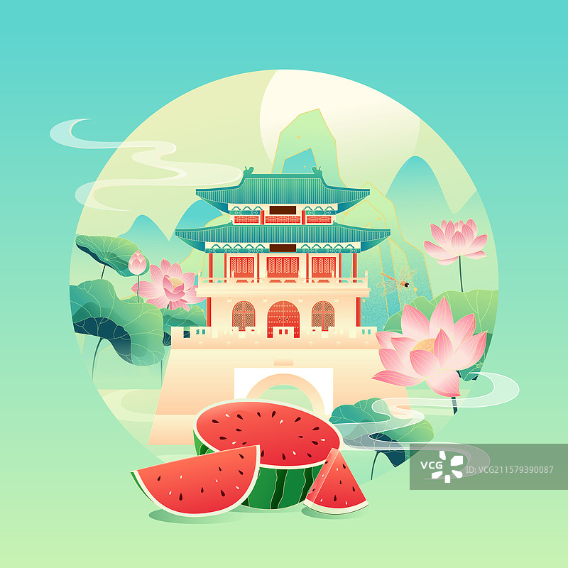 国风节气大暑潍坊城市建筑矢量插画图片素材