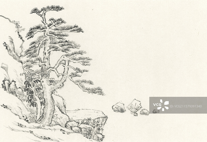 临清代画家水墨山水松树山石风景插画图片素材