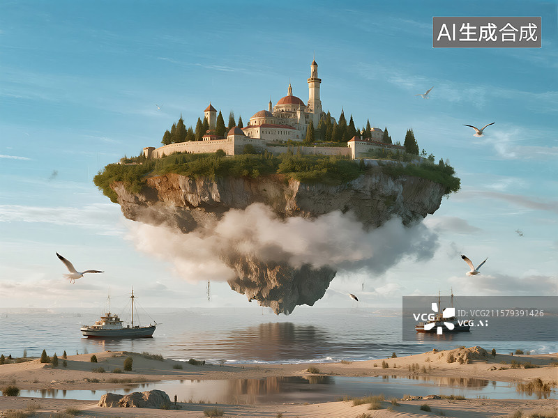 【AI数字艺术】幻空浮岛奇航：云端城堡的海洋之约图片素材