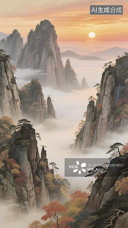 【AI数字艺术】中式山水日出风景插画图片素材