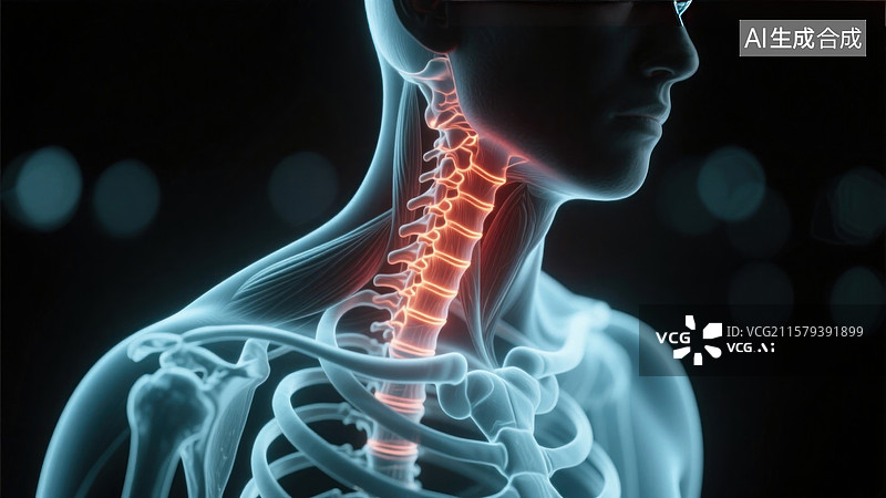 【AI数字艺术】颈椎健康的警示脊椎X光透视之光图片素材