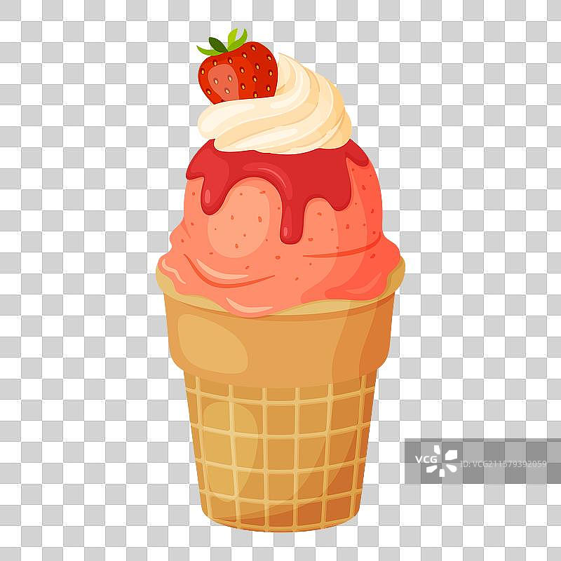 华夫饼上的草莓冰淇淋和鲜奶油图片素材