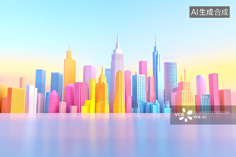 【AI数字艺术】3D渲染卡通风格炫彩梦幻城市摩天大楼天际线插画图片素材