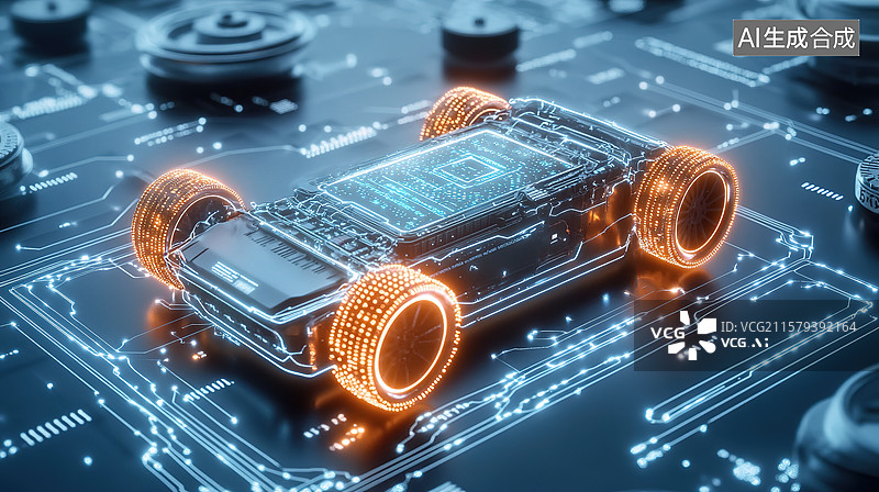 【AI数字艺术】电路板上的电动汽车底盘——新能源汽车电池科技概念图片素材