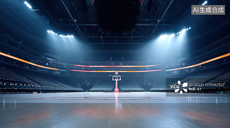 【AI数字艺术】灯光背景下的空旷室内篮球场体育场馆插画图片素材