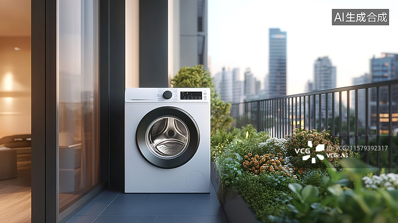 【AI数字艺术】明媚阳光下的阳台和洗衣机居家生活场景插画图片素材