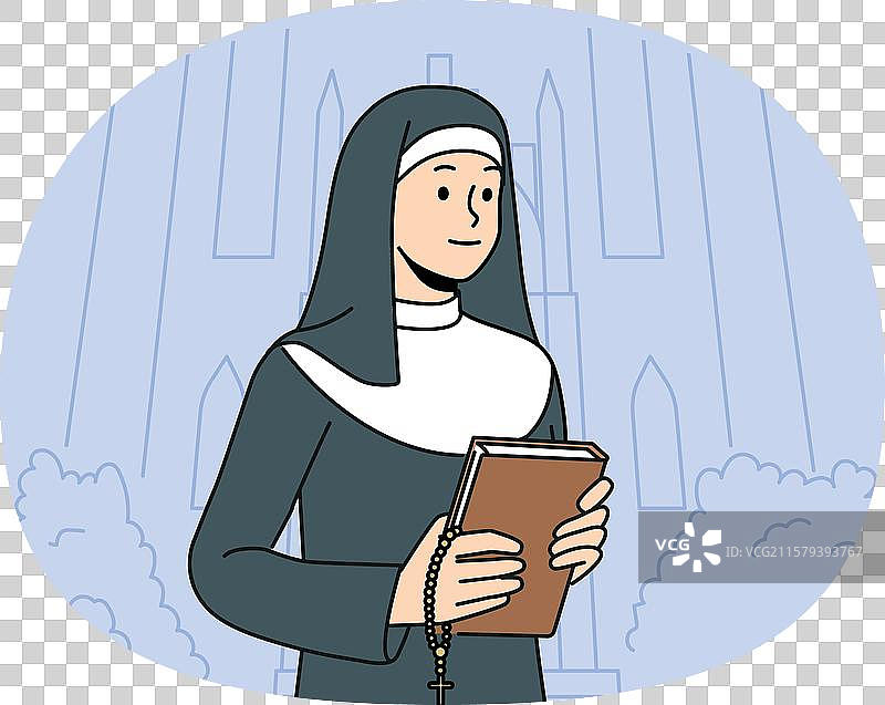 一位手持圣经的修女站在教堂附近呼唤。图片素材