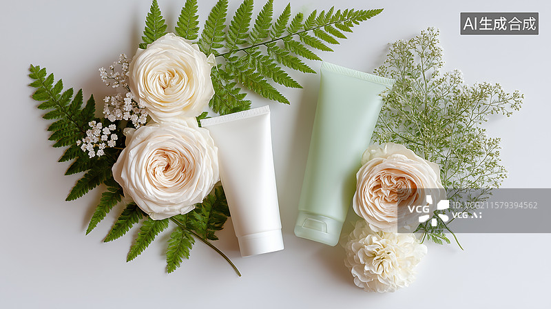 【AI数字艺术】护肤品玫瑰平铺图片素材