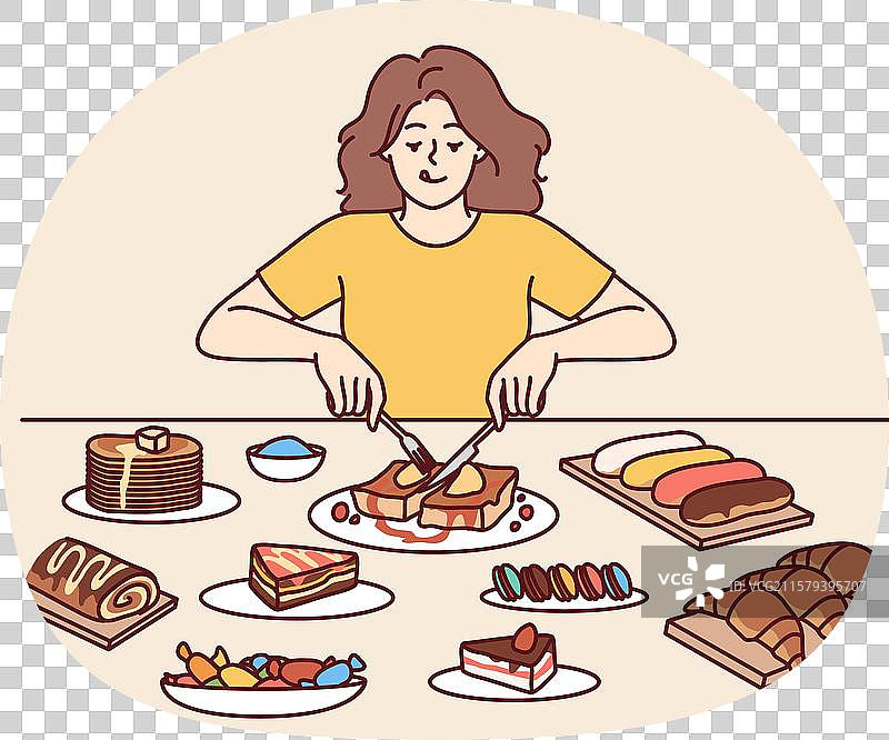 女人坐在桌子旁，过量享用甜点图片素材