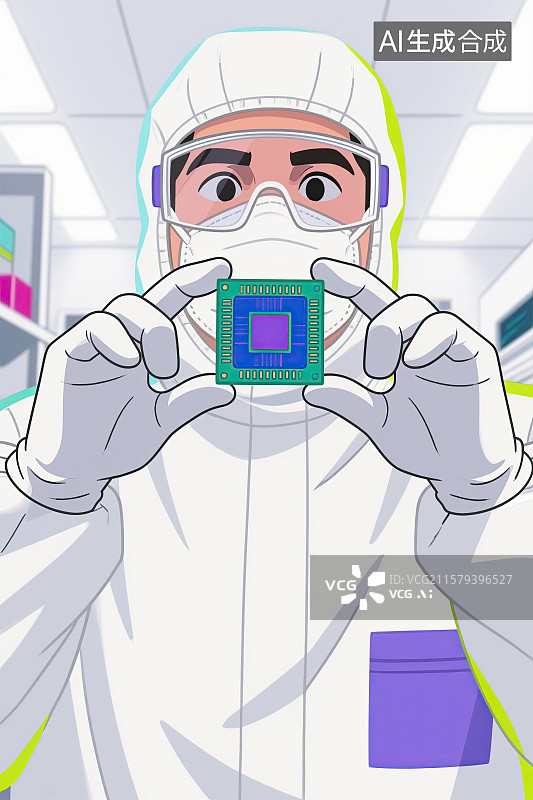 【AI数字艺术】防尘服，工程师，观察，芯片，科技插画图片素材