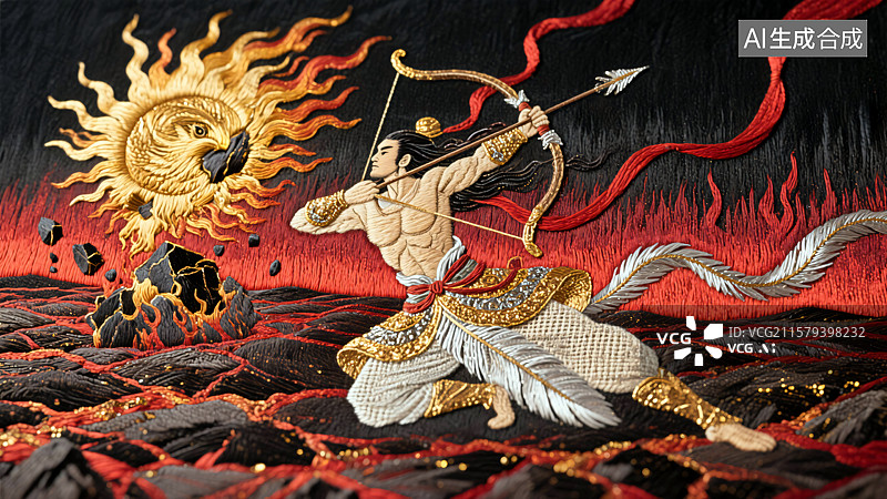 【AI数字艺术】古代神话故事 后羿擎弓射落九日金乌后羿射日刺绣背景图图片素材