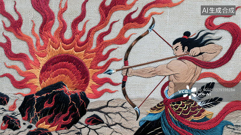【AI数字艺术】古代神话故事 后羿擎弓射落九日金乌后羿射日刺绣背景图图片素材