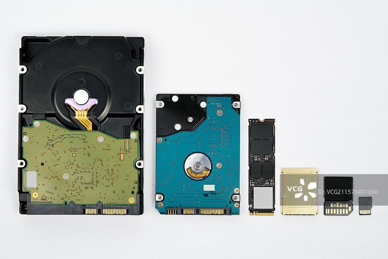 常见的计算机数据存储设备，依次是3.5寸机械硬盘，2.5寸机械硬盘，SSD固态硬盘，CFB卡，SD卡图片素材