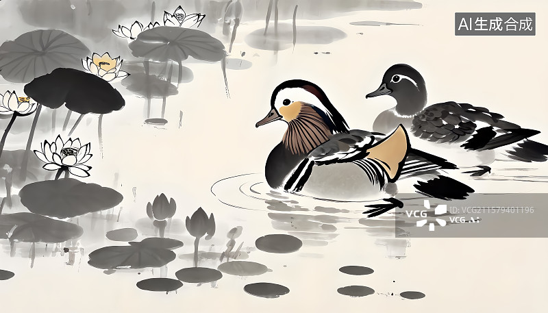 【AI数字艺术】水墨荷塘 荷塘月色图片素材