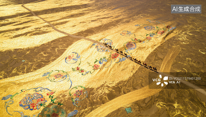 【AI数字艺术】丝绸之路 在丝绸上行走的驼队图片素材