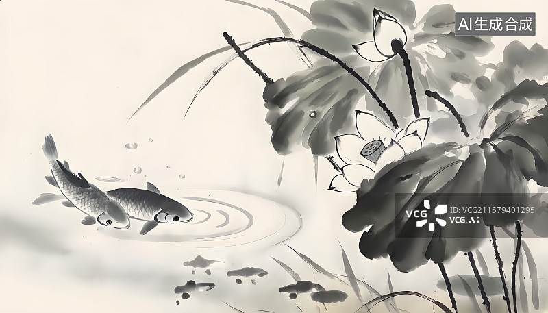 【AI数字艺术】水墨荷塘 荷塘月色图片素材
