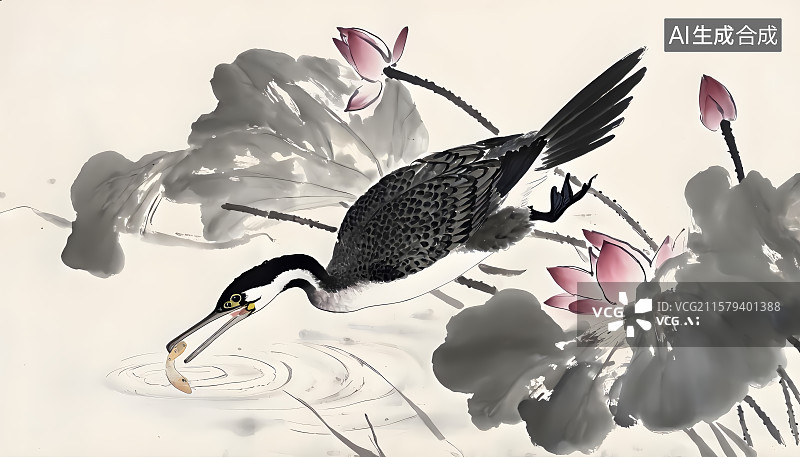 【AI数字艺术】水墨荷塘 荷塘月色图片素材