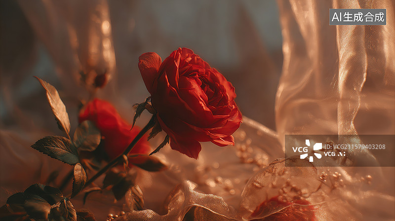 【AI数字艺术】红色玫瑰与轻纱的柔美场景图片素材