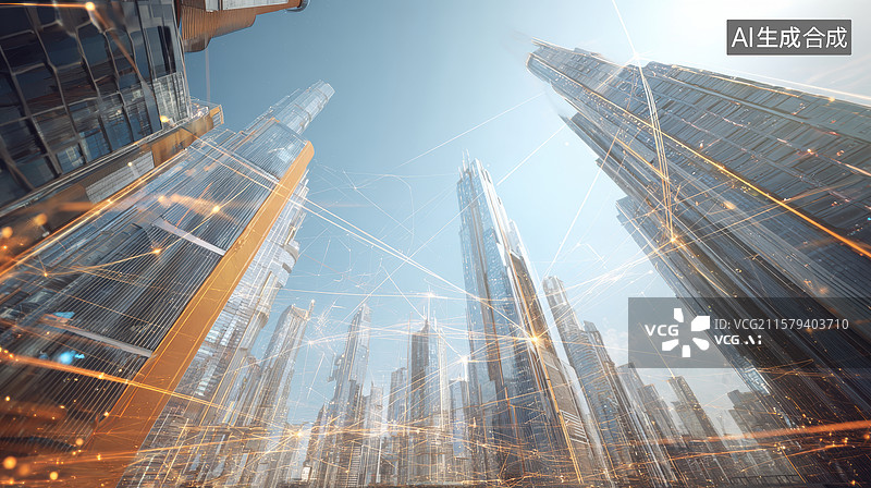 【AI数字艺术】未来城市高楼与网络连接图片素材