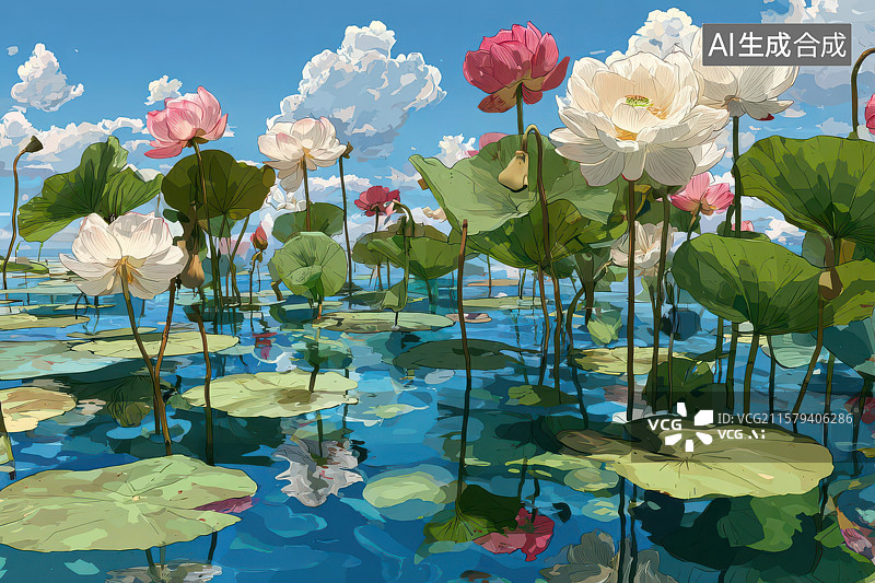 【AI数字艺术】蓝天碧水白睡莲自然风光图图片素材