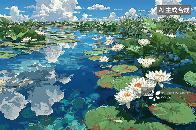 【AI数字艺术】蓝天碧水白睡莲自然风光图图片素材