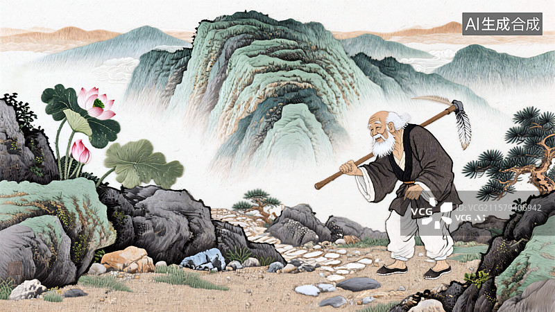 【AI数字艺术】古代神话中的愚公移山刺绣艺术作品图片素材