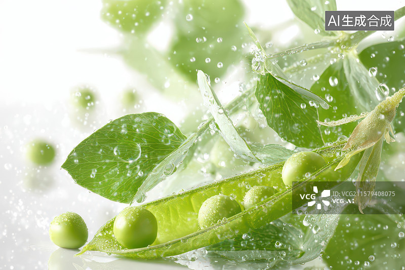 【AI数字艺术】新鲜带露珠豌豆荚植物特写图图片素材