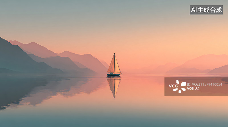 【AI数字艺术】日落湖景帆船图片素材